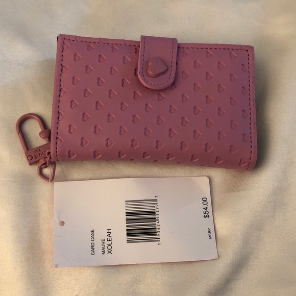 Betsey Johnson Mauve Card Case Wallet & Key Ring Embossed Heart Pattern NWT - Picture 3 of 16